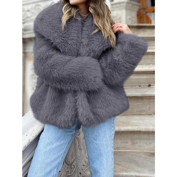Women's Faux Fur Coat Winter Shaggy Casual Oversized Lapel Jacket Warm Dark Grey - Picture 3 of 5